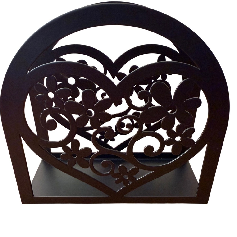 Black Metal Tabletop Napkin Holder Heart Floral Filigree Picnic Party B0DJ5R3L1Y